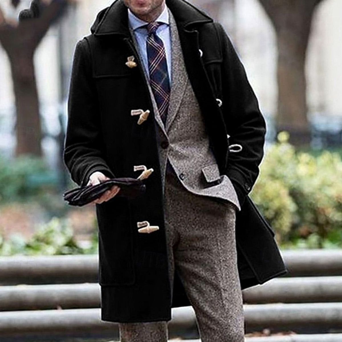 Men's Wool Hooded Toggle-Closure Long Overcoat