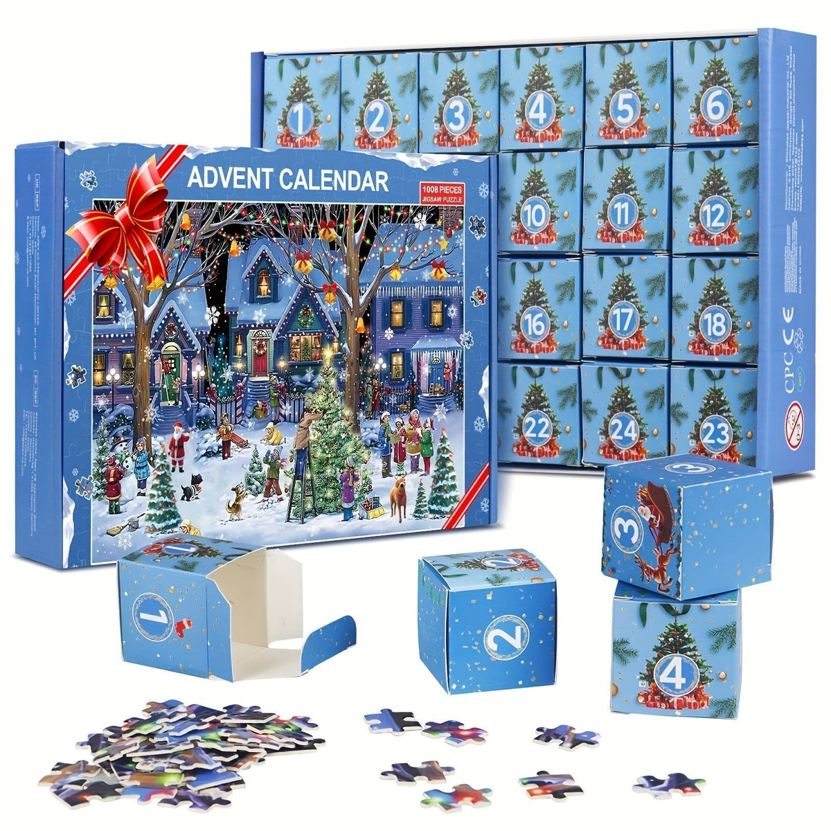 Calendrier de l'Avent sous forme de puzzle représentant un village de Noël moderne