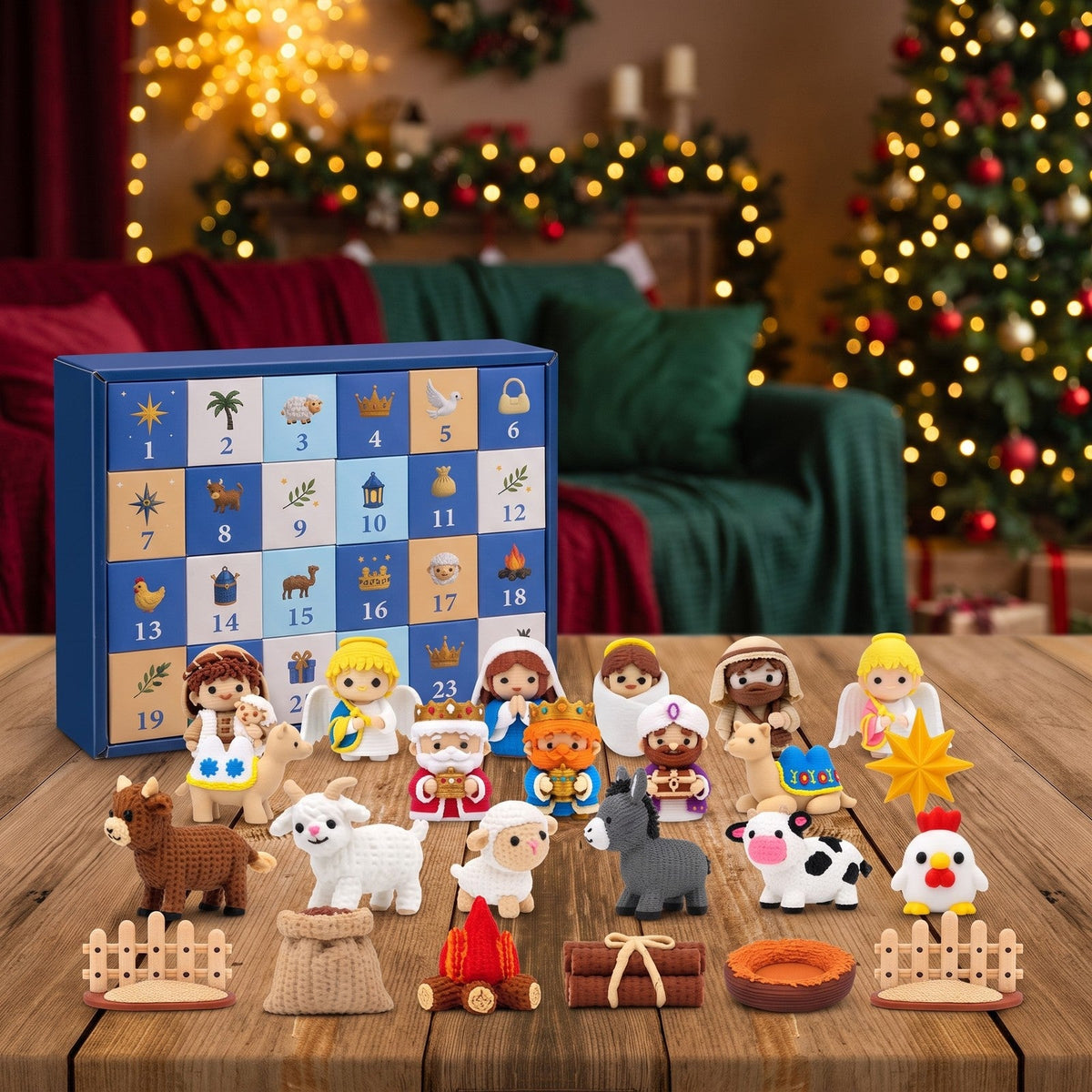 Nativity Scene Advent Calendar, 24 Numbered Doors with 3D Printed Figures