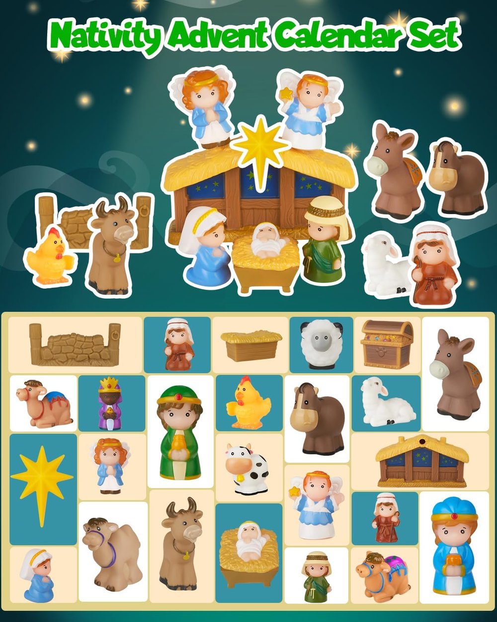 Nativity Scene Advent Calendar 25-Piece Festive Decoration Set