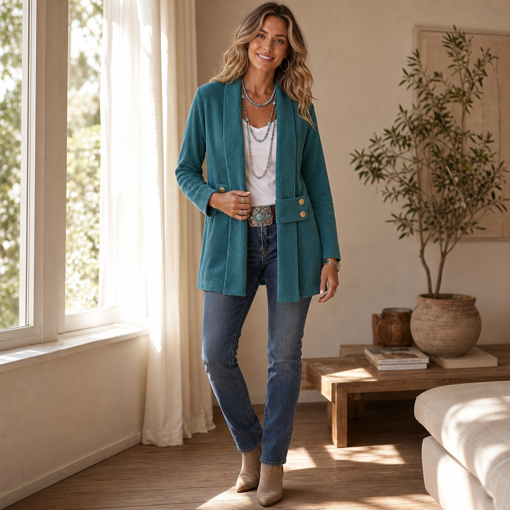 Open-Front Ribbed Corduroy Waist-Tab Jacket