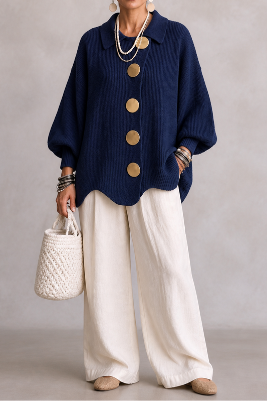 Oversized Scalloped-Hem Button Cardigan