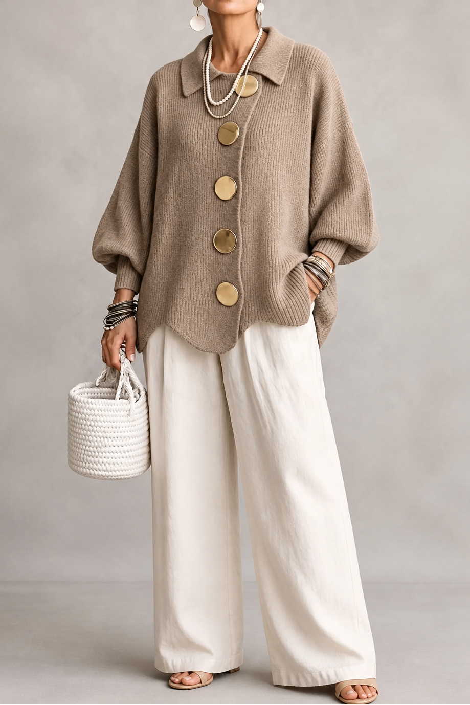 Oversized Scalloped-Hem Button Cardigan