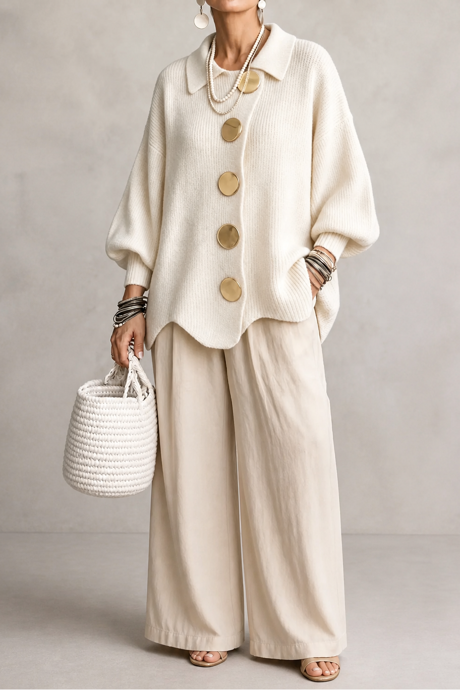 Oversized Scalloped-Hem Button Cardigan