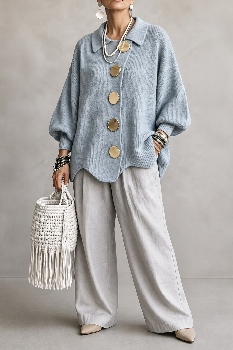 Oversized Scalloped-Hem Button Cardigan