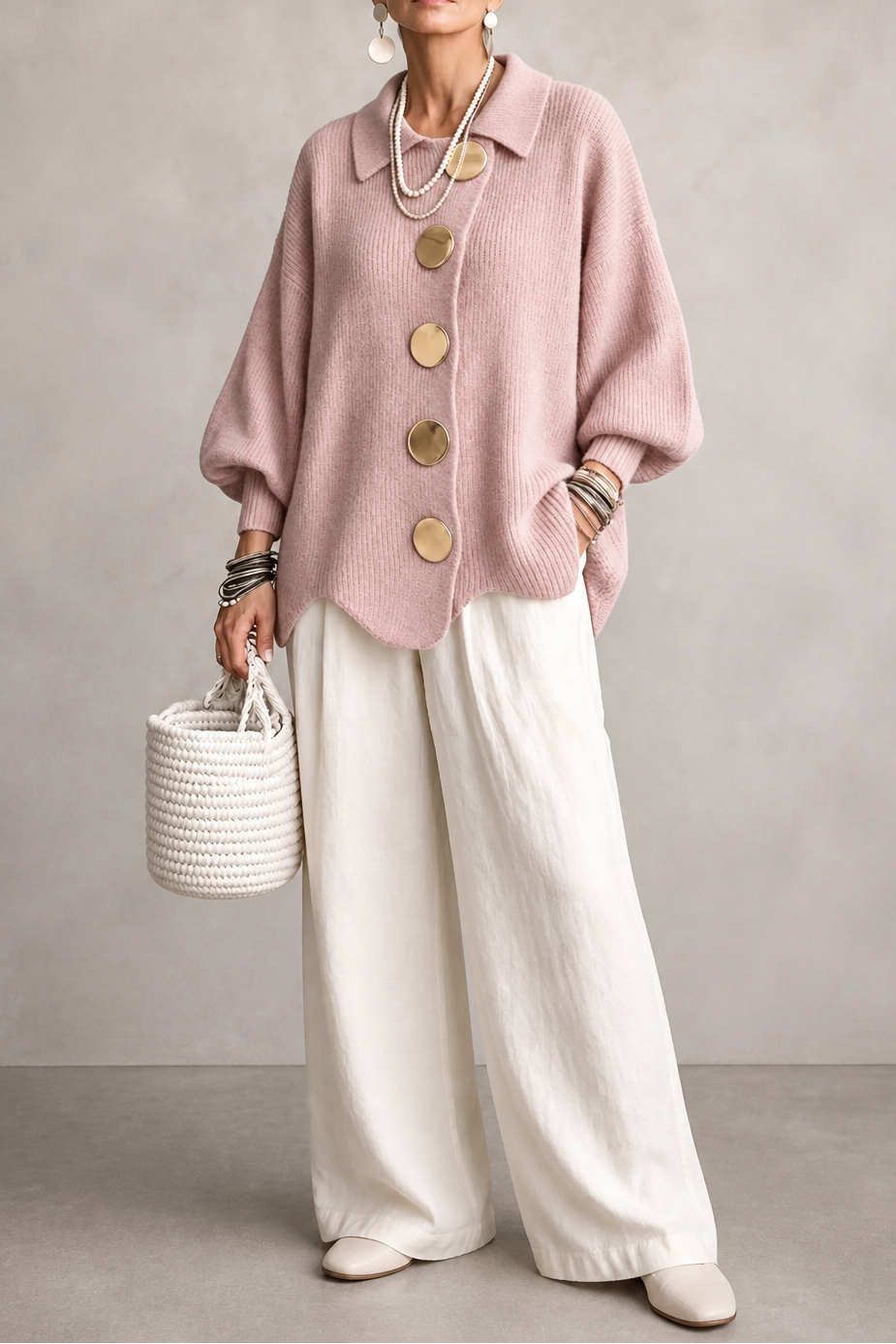 Oversized Scalloped-Hem Button Cardigan