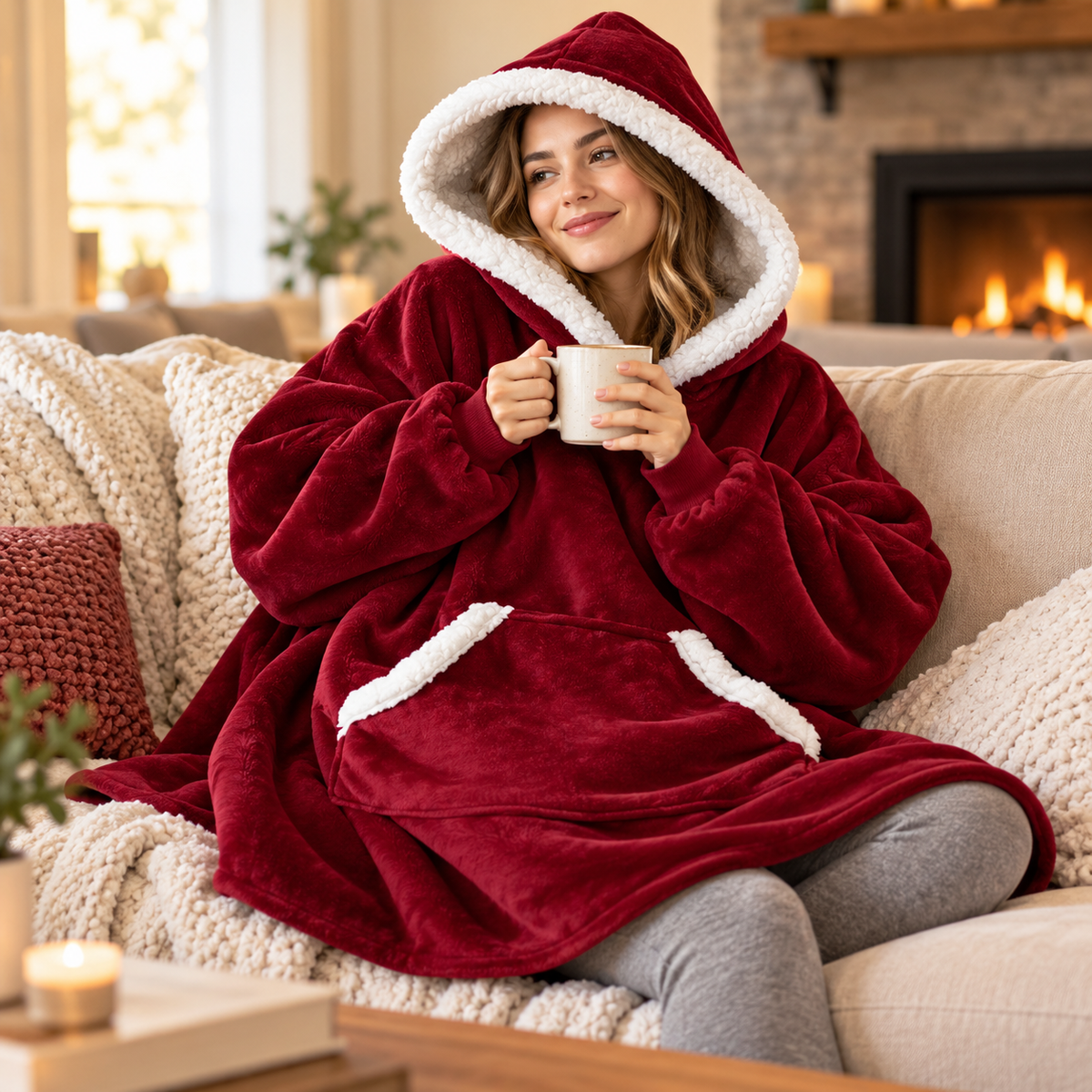Oversized Sherpa-Lined Cozy Blanket Hoodie Pullover