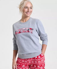 Sweat-shirt à col rond avec appliqué « Merry » à carreaux et matière extensible douce, idéal pour les fêtes