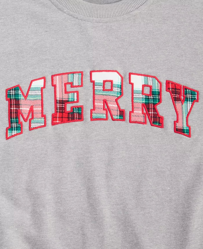 Sweat-shirt à col rond avec appliqué « Merry » à carreaux et matière extensible douce, idéal pour les fêtes