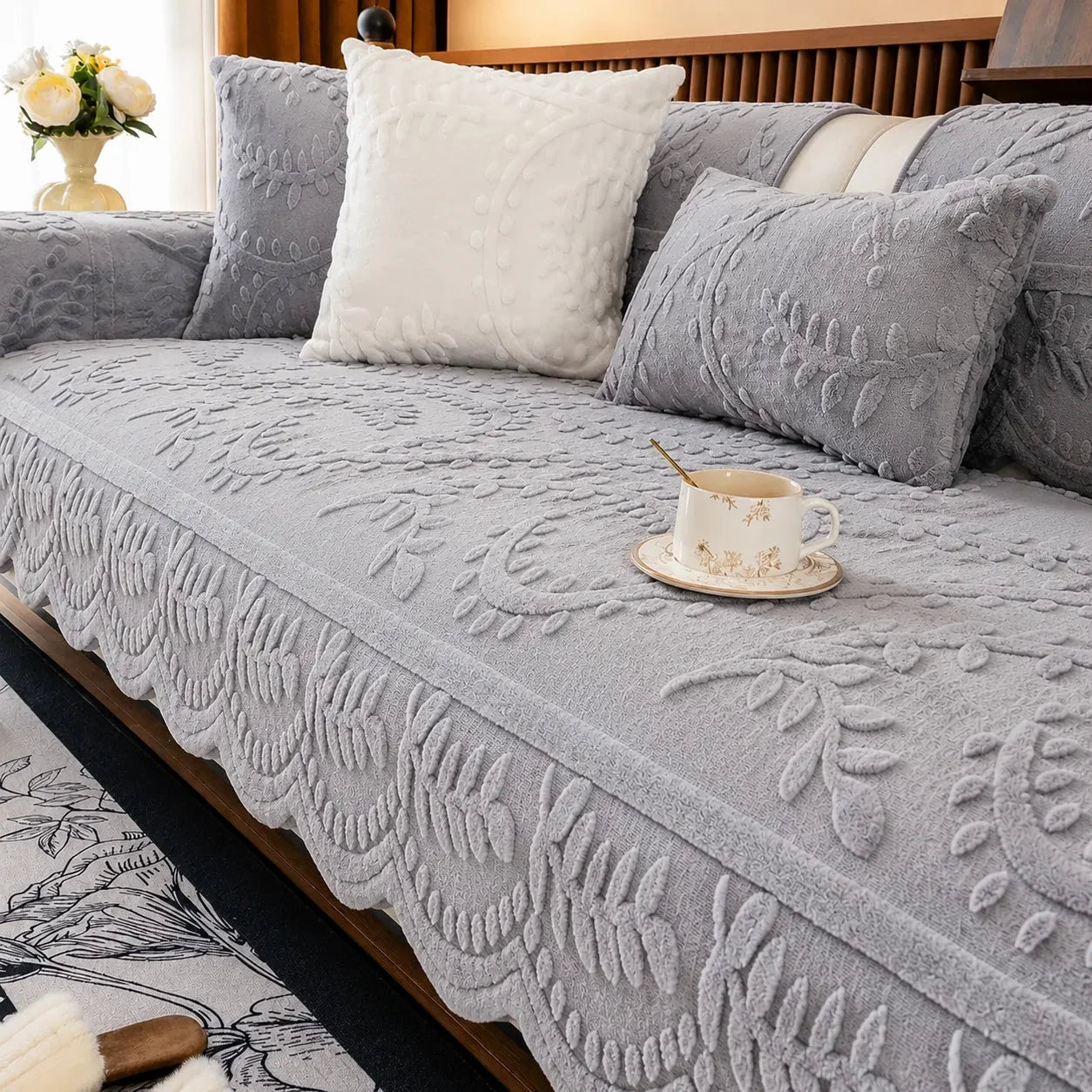 Plush Non-Slip Couch Cover with Botanical Texture