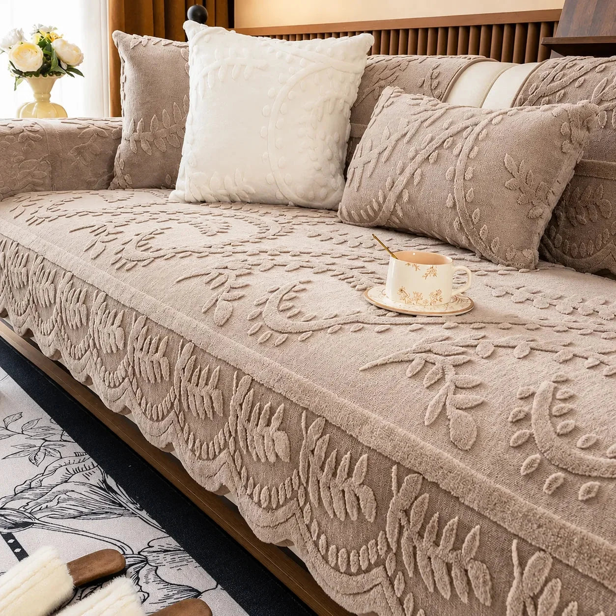 Plush Non-Slip Couch Cover with Botanical Texture