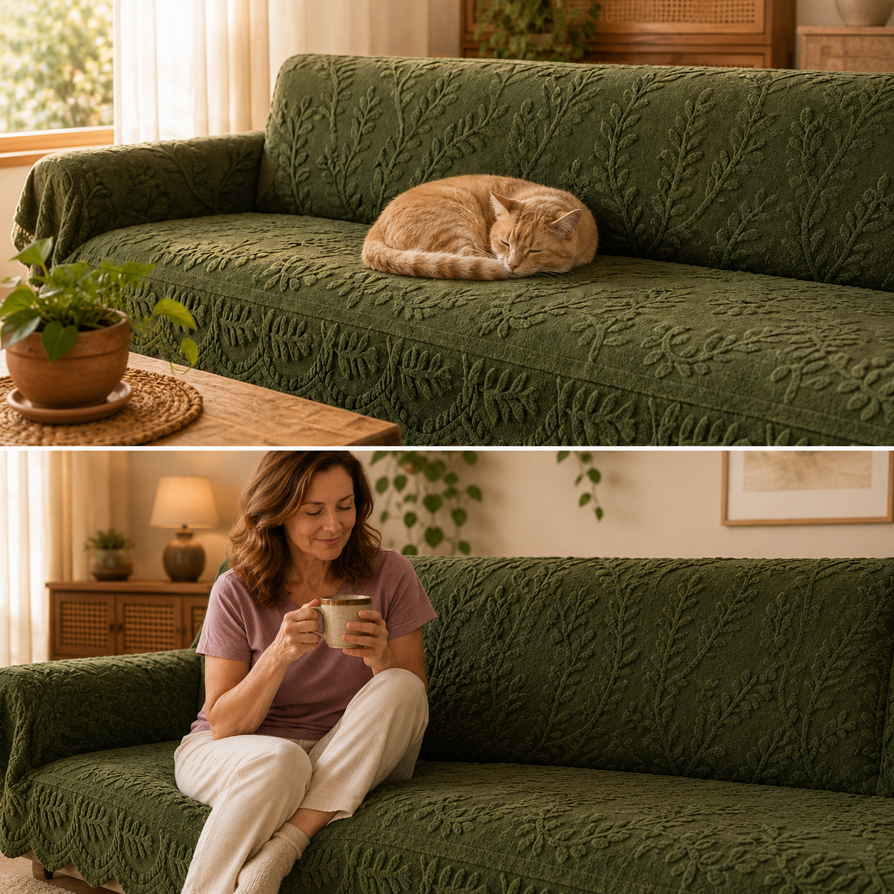 Plush Non-Slip Couch Cover with Botanical Texture