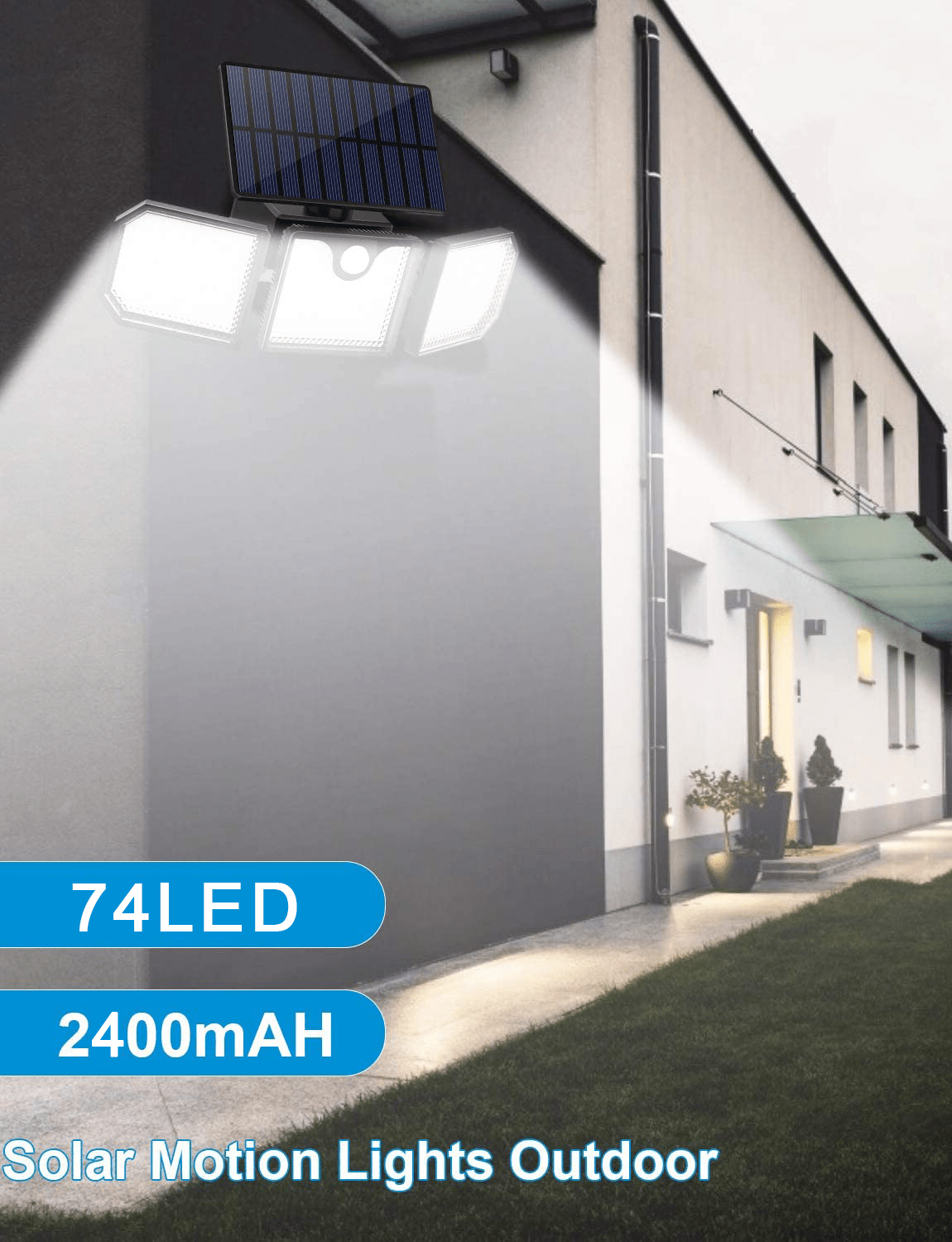 Lampe LED solaire puissante avec 3 projecteurs et détecteur de mouvement