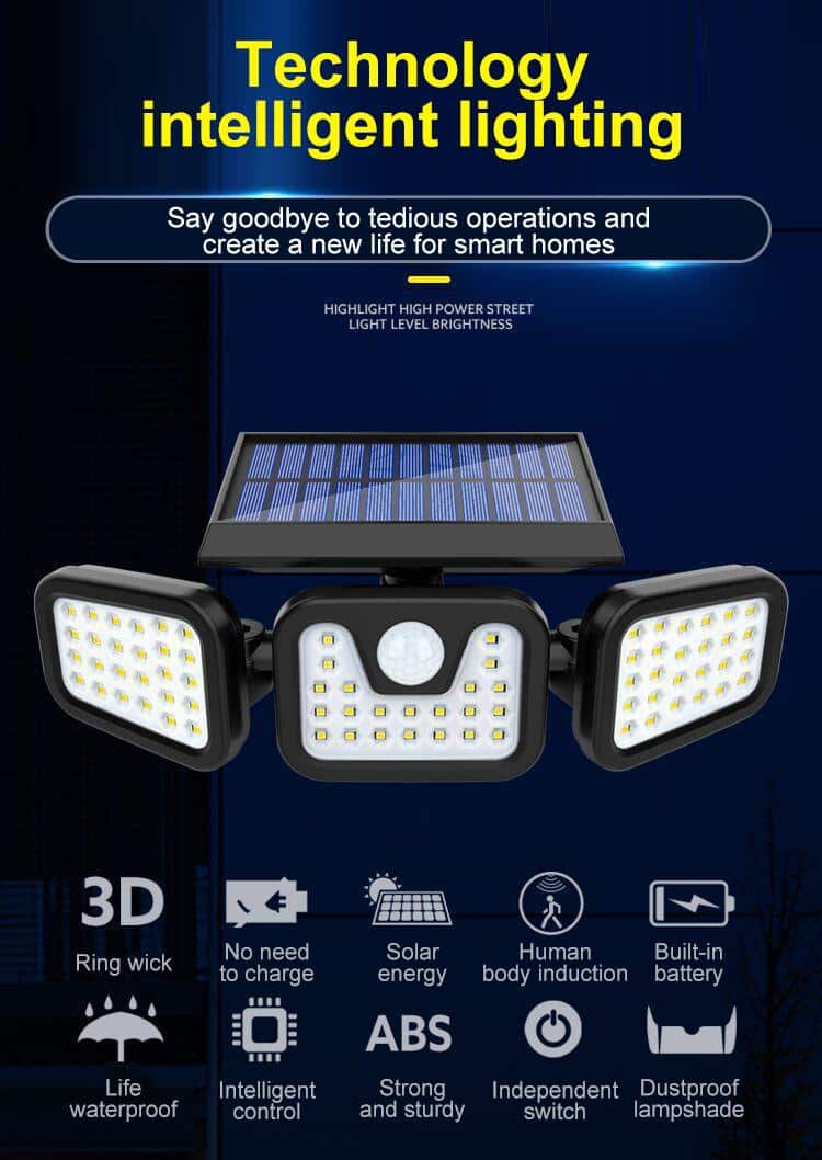 Lampe LED solaire puissante avec 3 projecteurs et détecteur de mouvement
