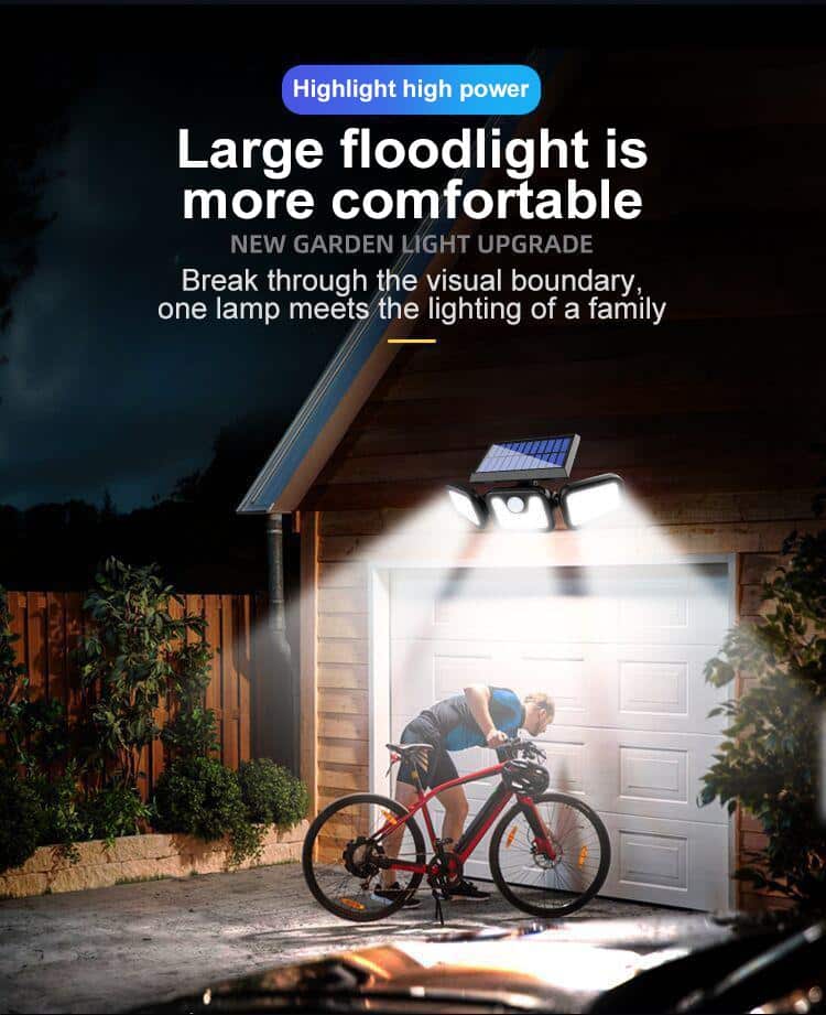 Lampe LED solaire puissante avec 3 projecteurs et détecteur de mouvement