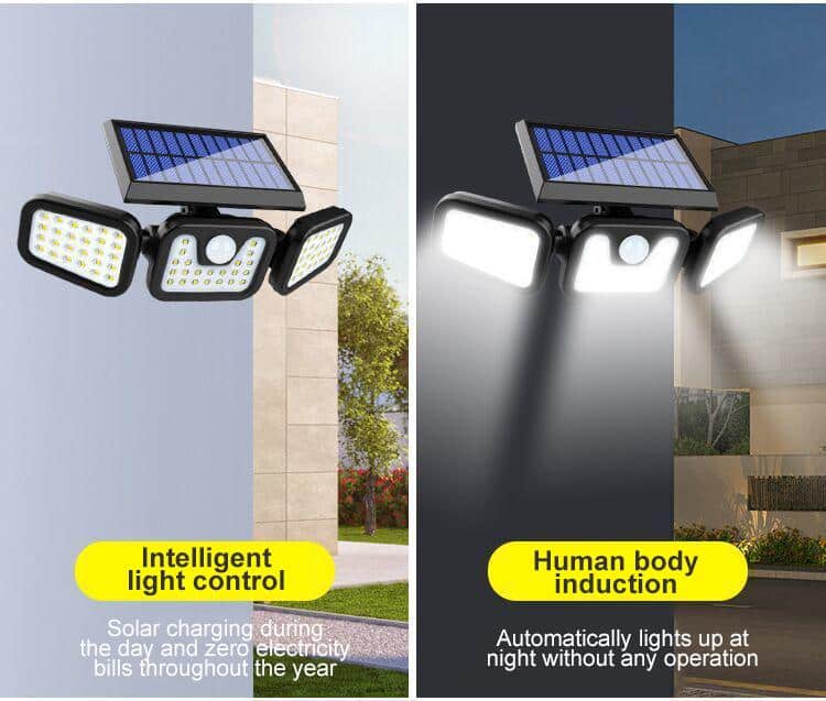 Lampe LED solaire puissante avec 3 projecteurs et détecteur de mouvement