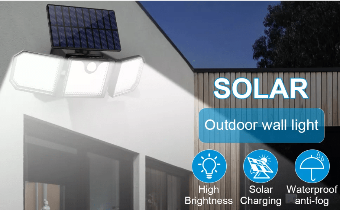 Lampe LED solaire puissante avec 3 projecteurs et détecteur de mouvement