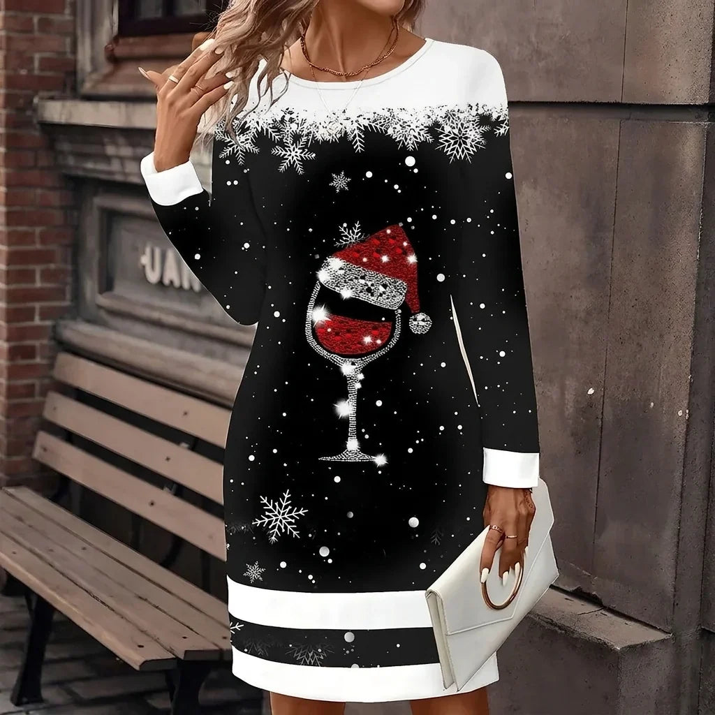 Printed Round Neck Christmas Dress
