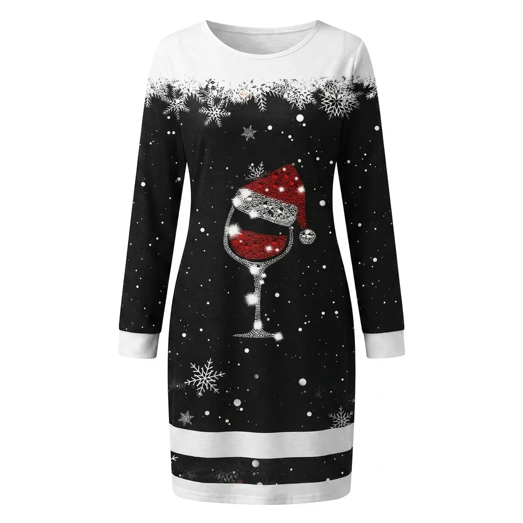 Printed Round Neck Christmas Dress