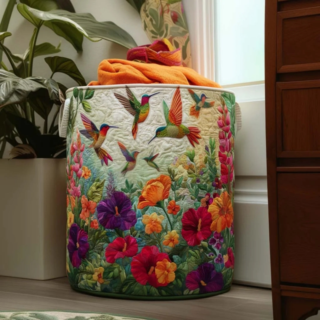 Panier à linge matelassé avec motif de colibri et de fleurs
