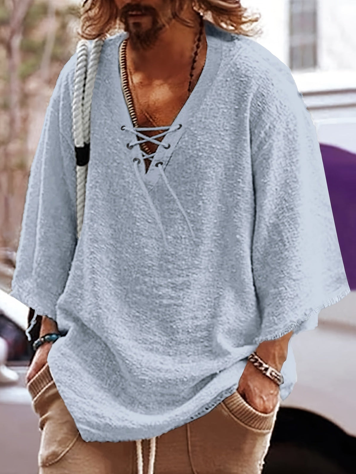 Relaxed Lace-Up V-Neck Shirt