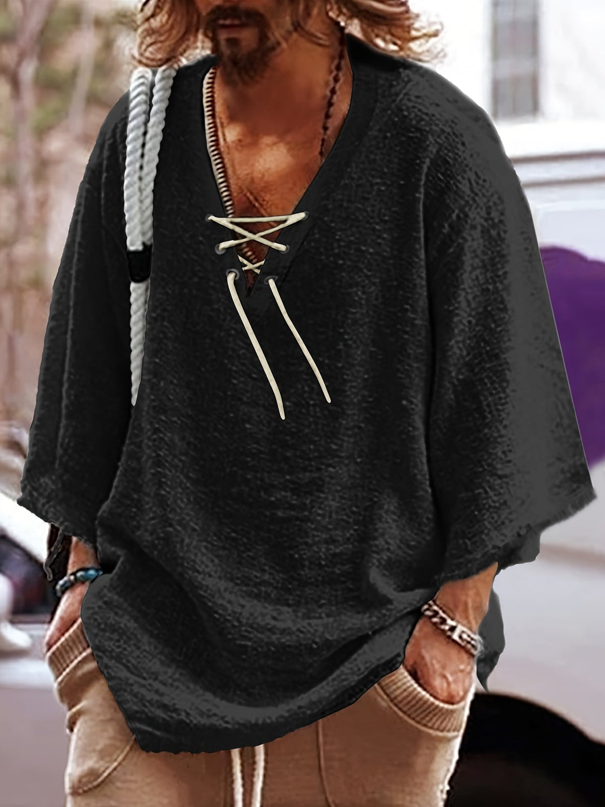 Relaxed Lace-Up V-Neck Shirt