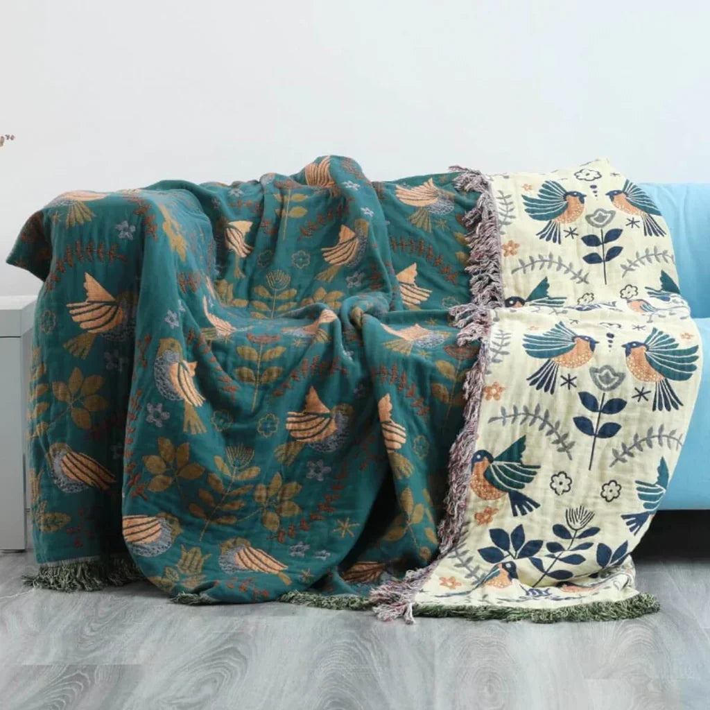 Couverture scandinave réversible | Motif d’oiseaux | Douillette