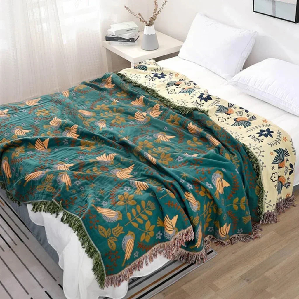 Couverture scandinave réversible | Motif d’oiseaux | Douillette