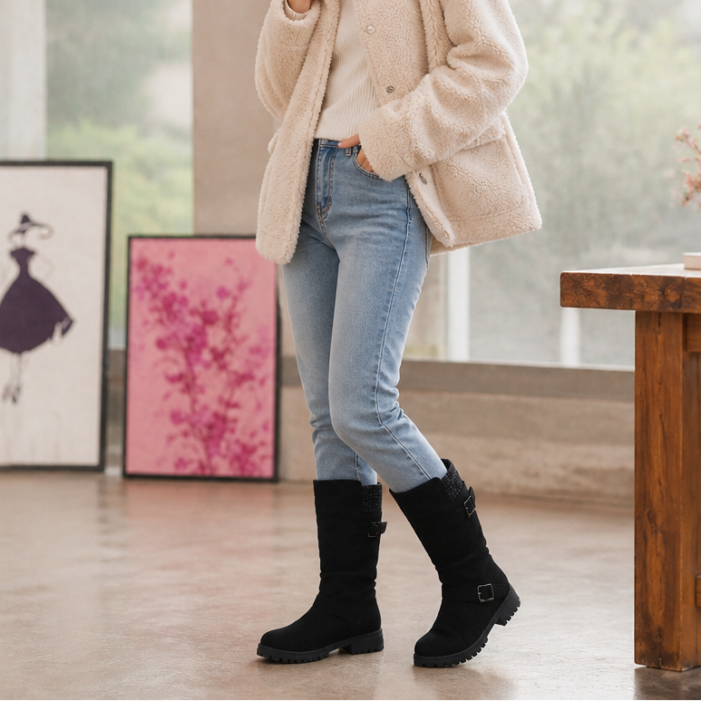 Ribbed Cuff Lug Sole Slouch Boots