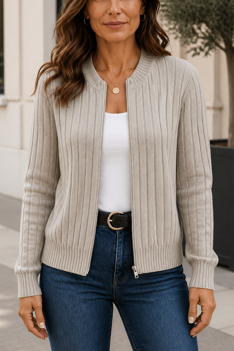 Ribbed Knit Zip-Front Cardigan