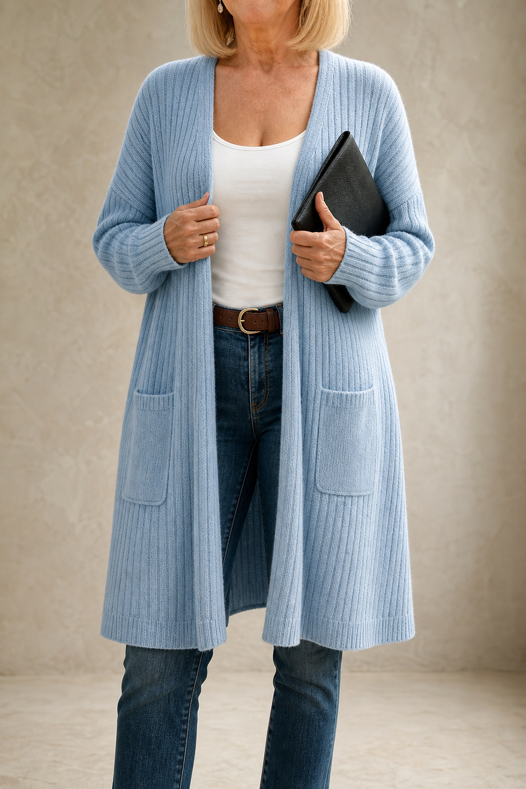 Long cardigan ample en maille côtelée, ouvert sur le devant