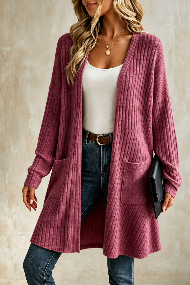Long cardigan ample en maille côtelée, ouvert sur le devant