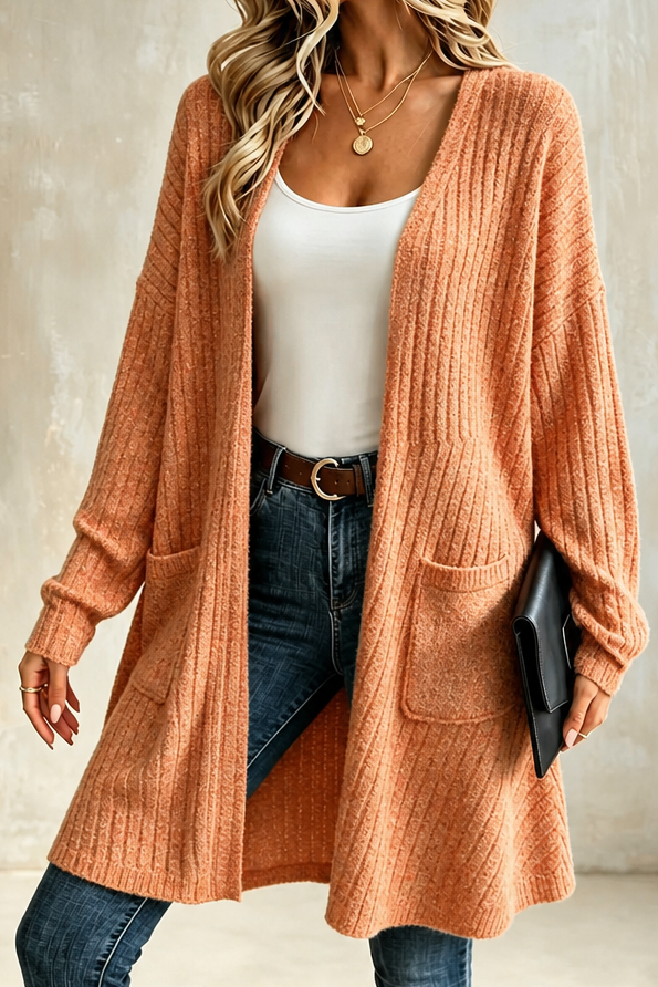 Long cardigan ample en maille côtelée, ouvert sur le devant