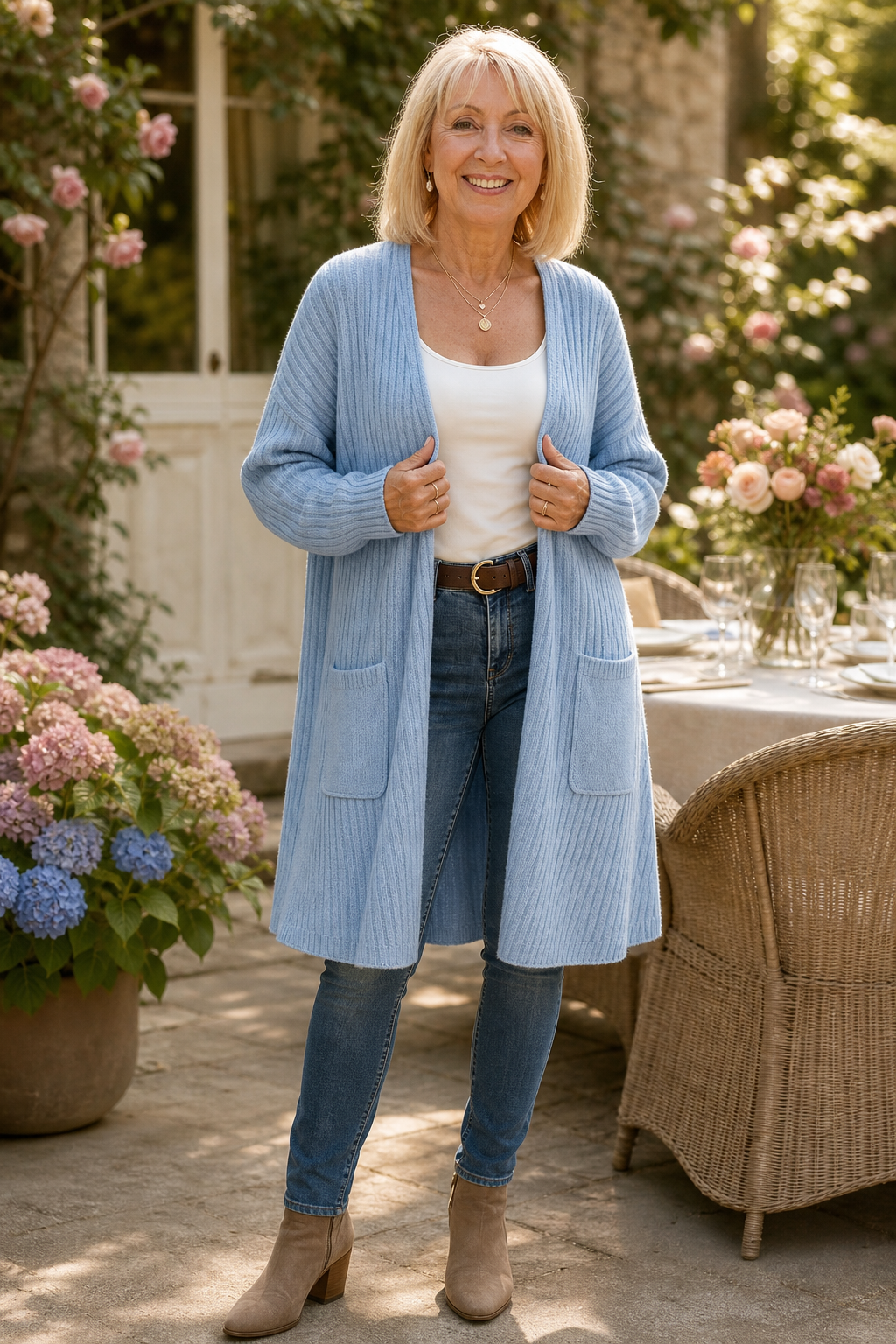 Long cardigan ample en maille côtelée, ouvert sur le devant