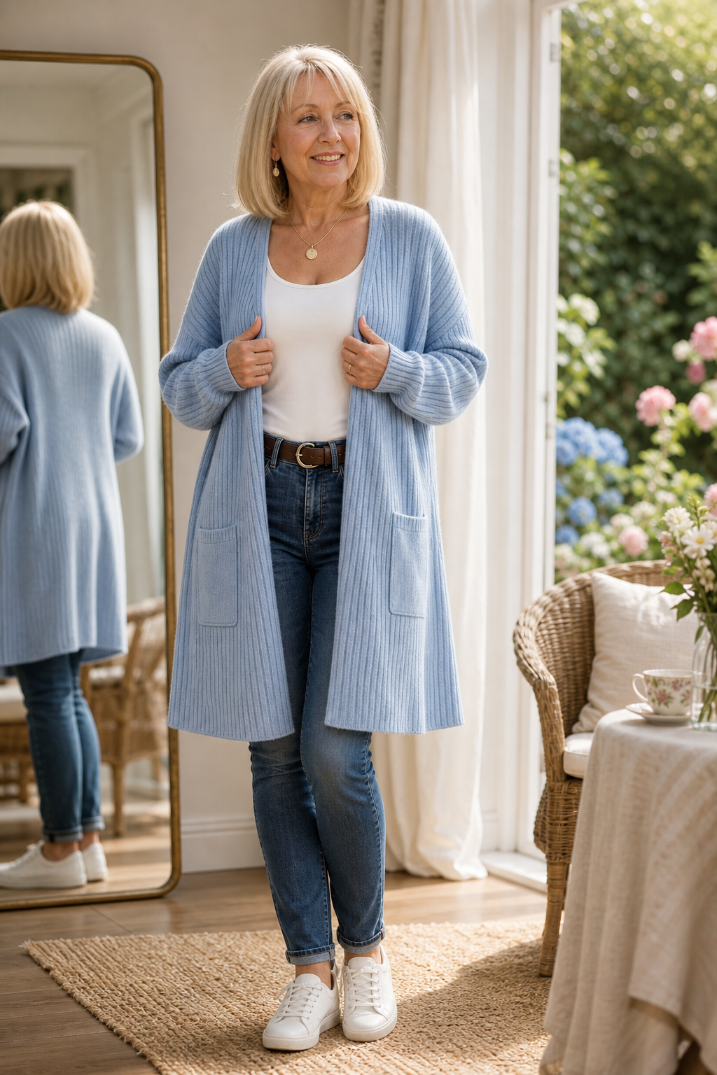 Long cardigan ample en maille côtelée, ouvert sur le devant