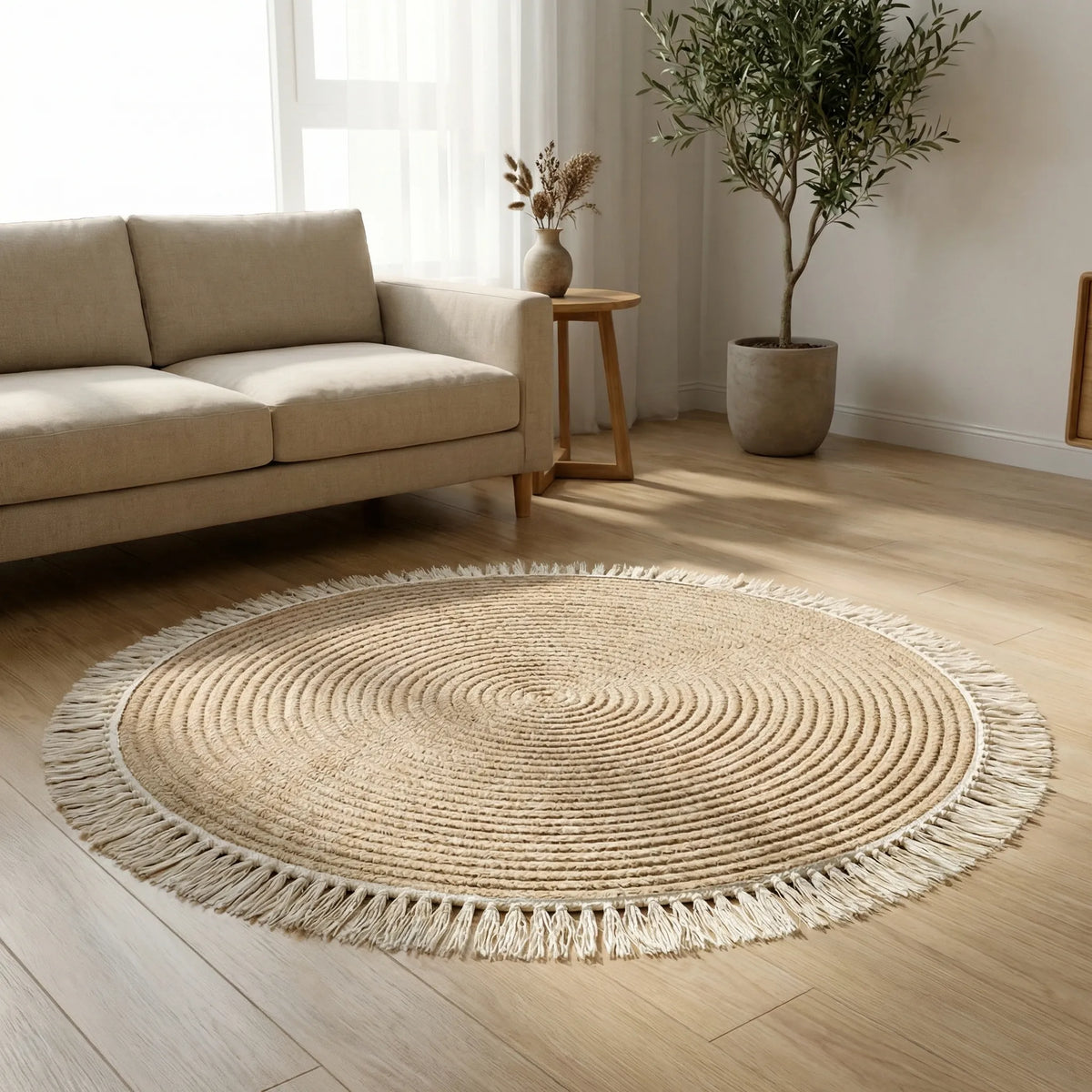 Tapis rond tressé à franges