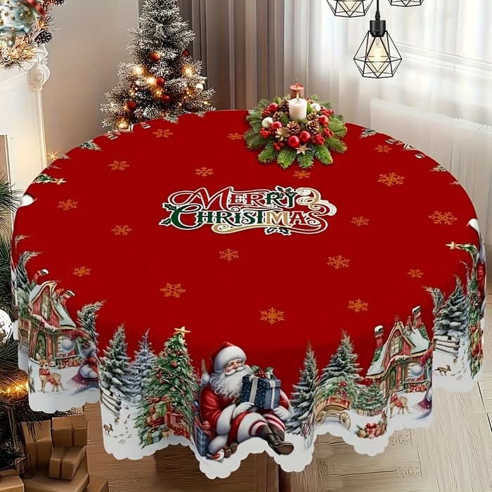 Nappe de Noël ronde avec bords festonnés et motif festif de poinsettias