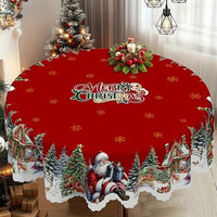Nappe de Noël ronde avec bords festonnés et motif festif de poinsettias
