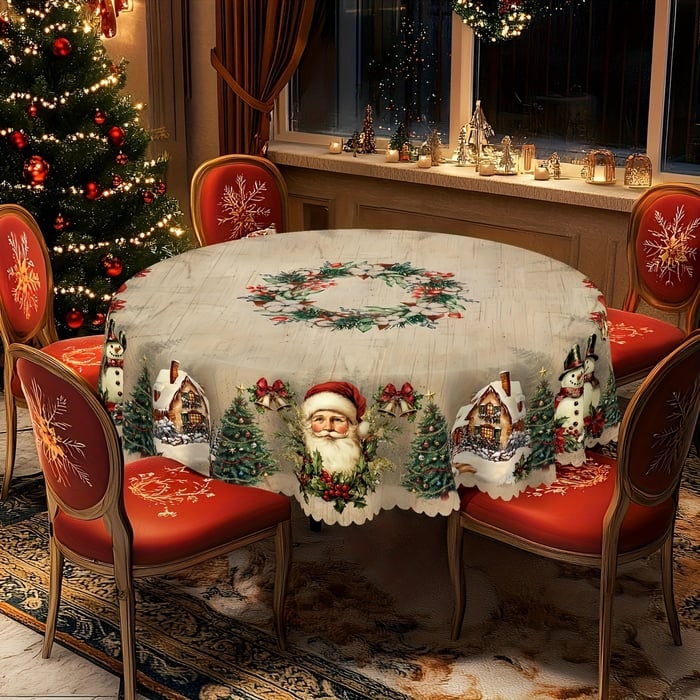 Nappe de Noël ronde avec bords festonnés et motif festif de poinsettias