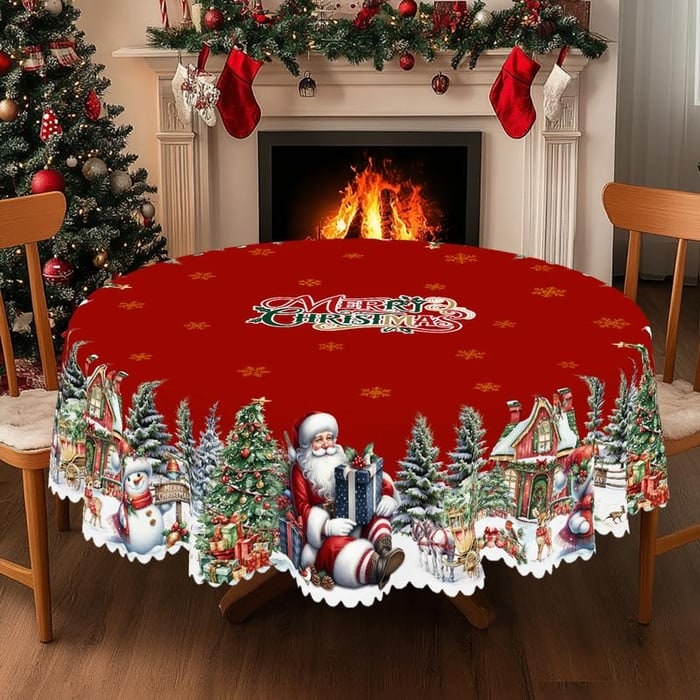 Nappe de Noël ronde avec bords festonnés et motif festif de poinsettias