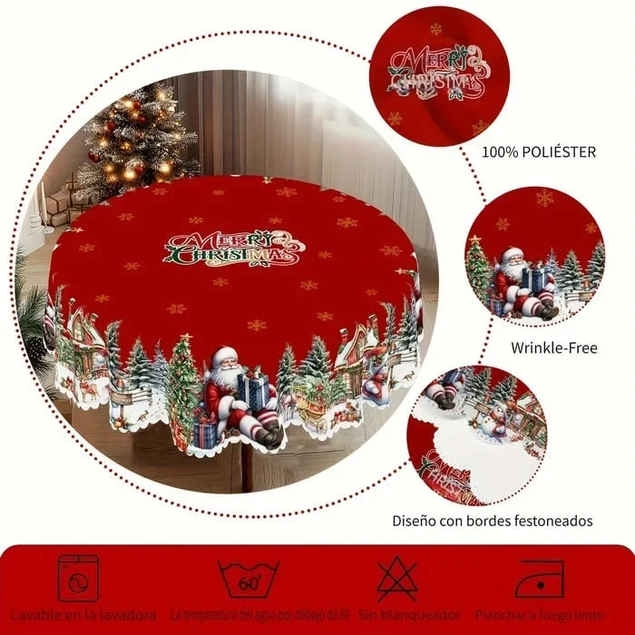 Nappe de Noël ronde avec bords festonnés et motif festif de poinsettias