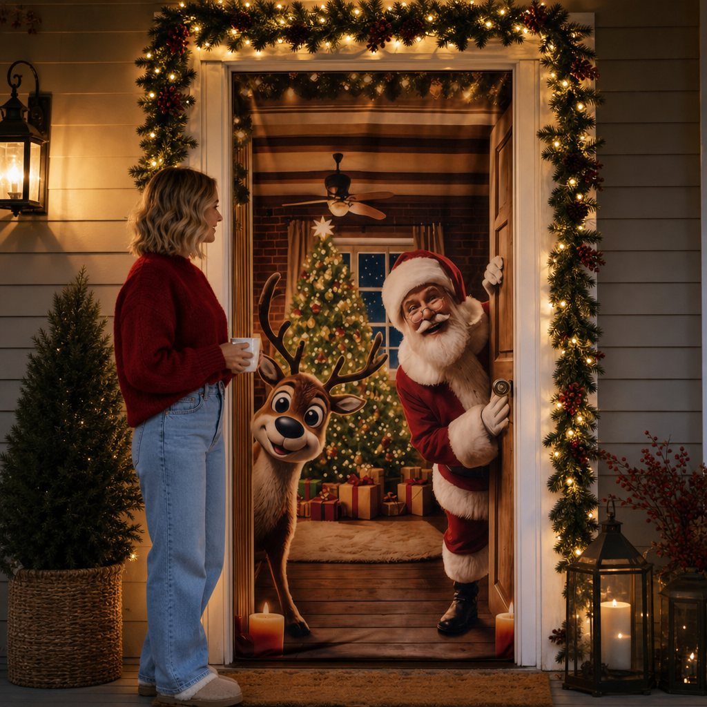 Santa and Reindeer Christmas Door Cover