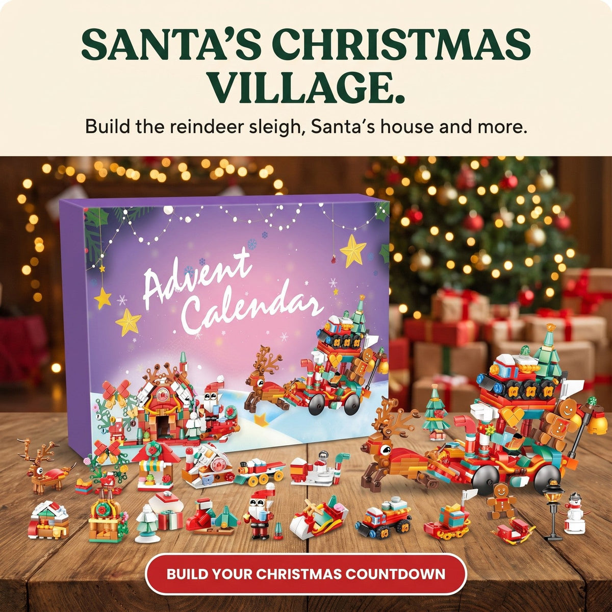Christmas Village Building Block Advent Calendar, Santa's Reindeer Sleigh and House