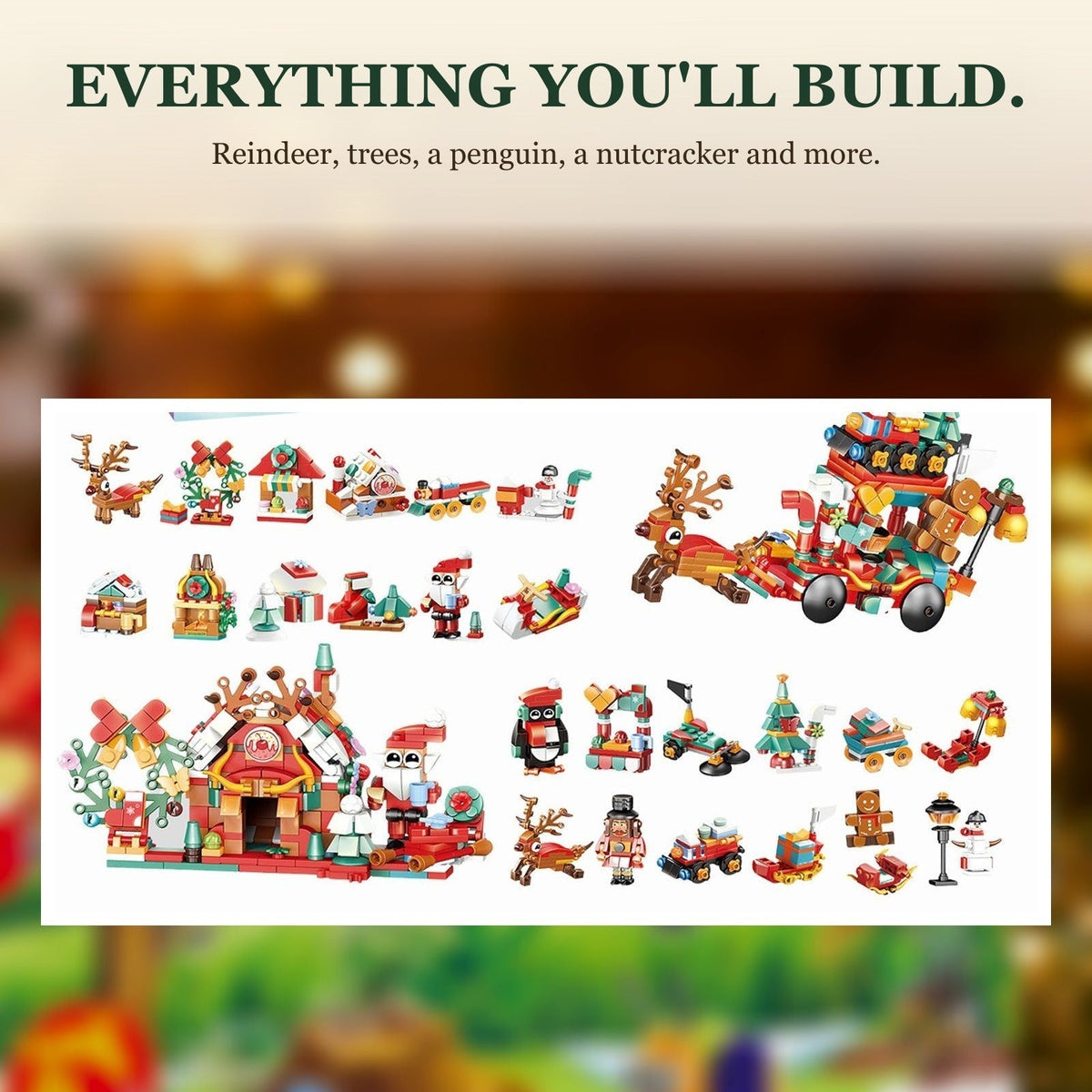 Christmas Village Building Block Advent Calendar, Santa's Reindeer Sleigh and House