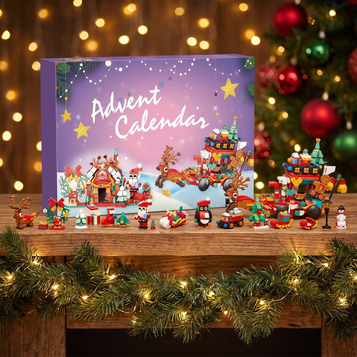 Christmas Village Building Block Advent Calendar, Santa's Reindeer Sleigh and House