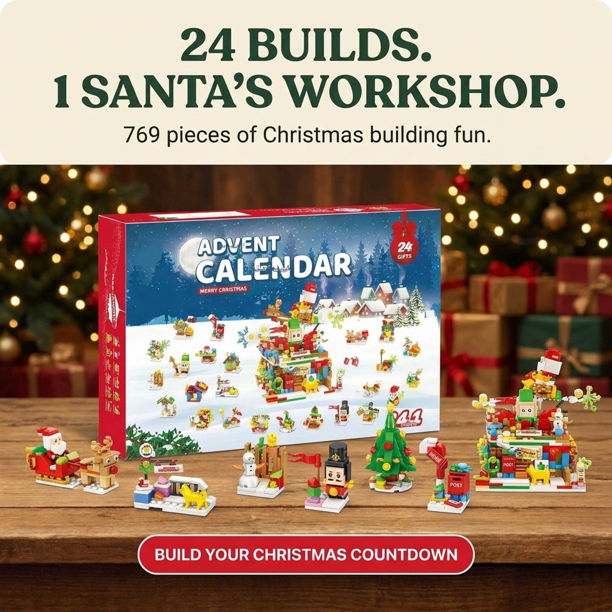 24-in-1 Santa's Workshop Building Block Advent Calendar, 769 Pieces