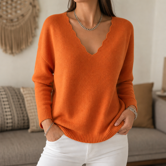 Scalloped Edge V-Neck Knit Sweater