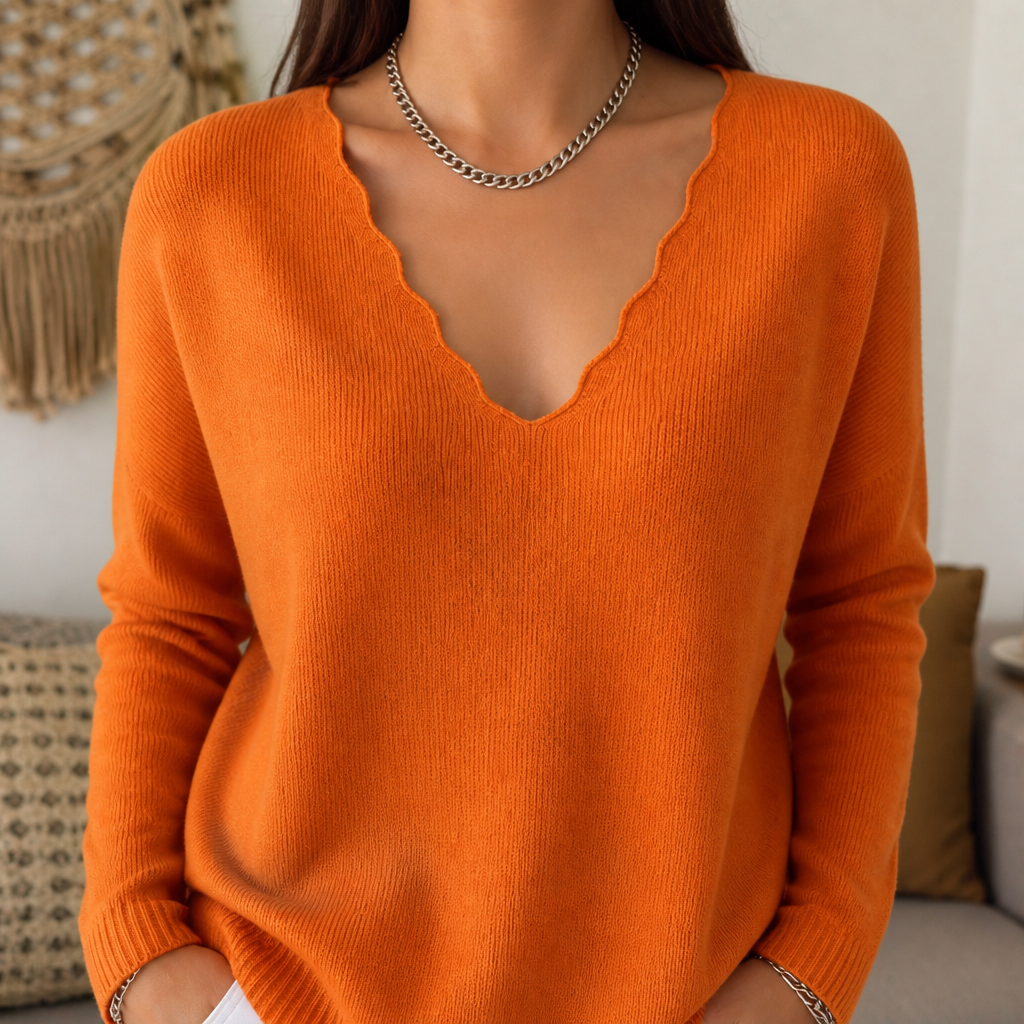 Scalloped Edge V-Neck Knit Sweater