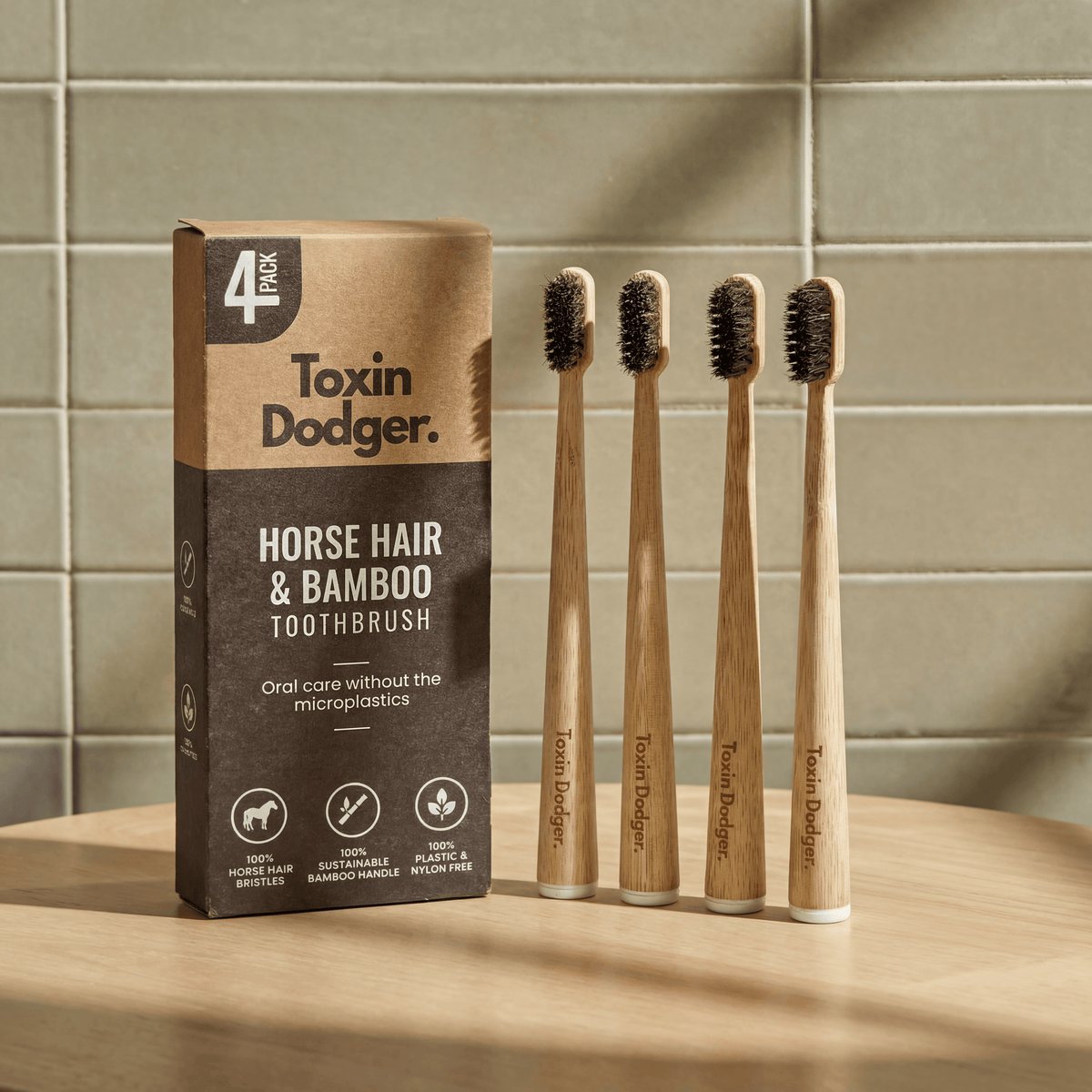 Lot de 4 brosses à dents en bambou avec soies naturelles de sanglier ou de cheval