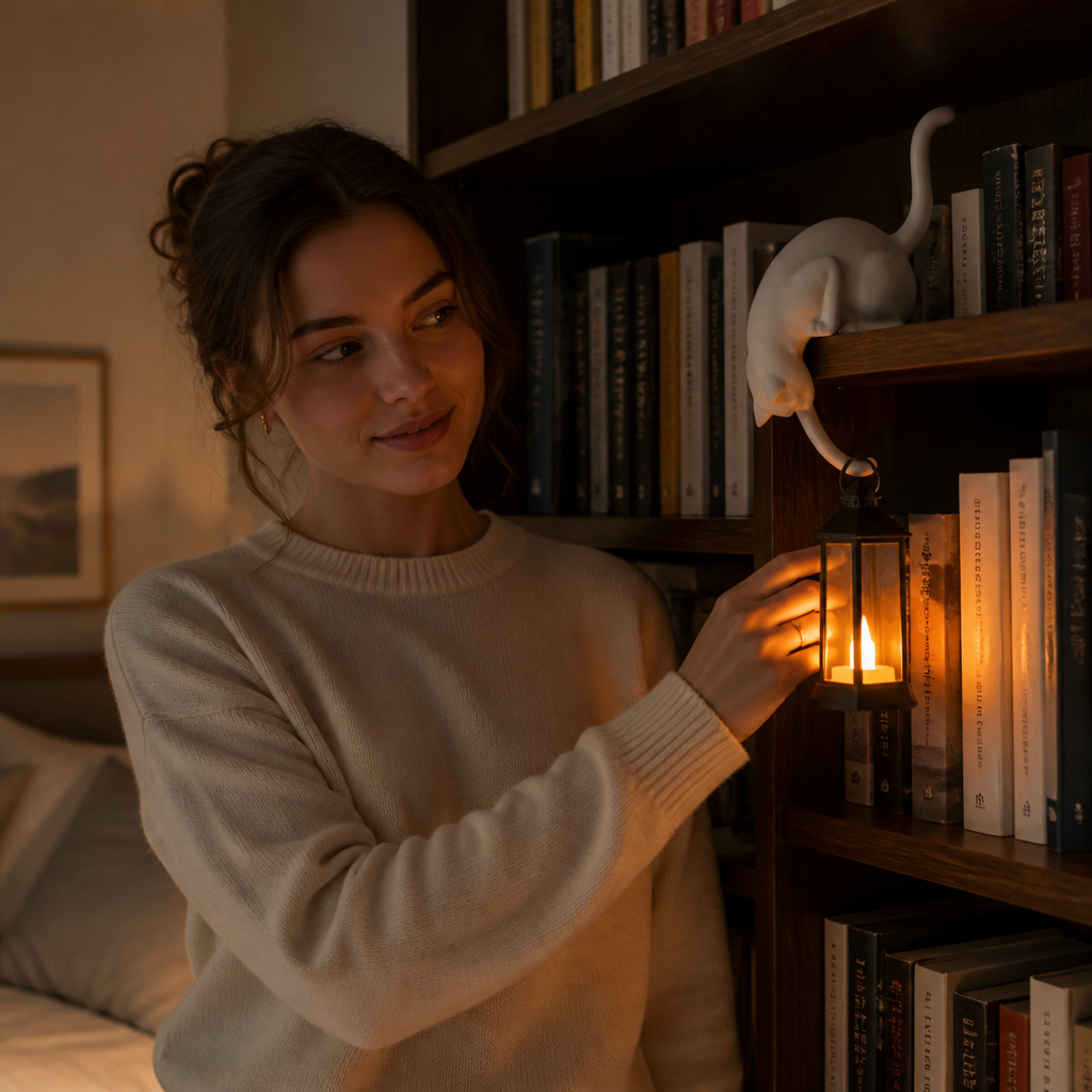 Lanterne LED en forme de chat à poser sur une étagère
